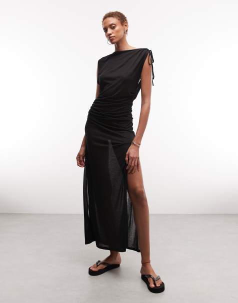 Weekday sheer slash neck maxi dress with ruched side detail in black - view 1