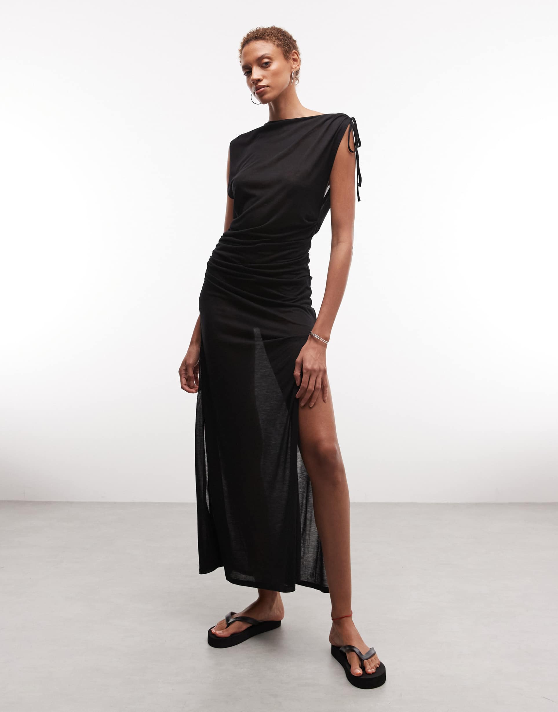 weekday sheer slash neck maxi dress with ruched side detail in black