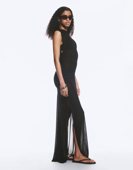 Weekday sheer slash neck maxi dress with ruched side detail in black, 2 of 3