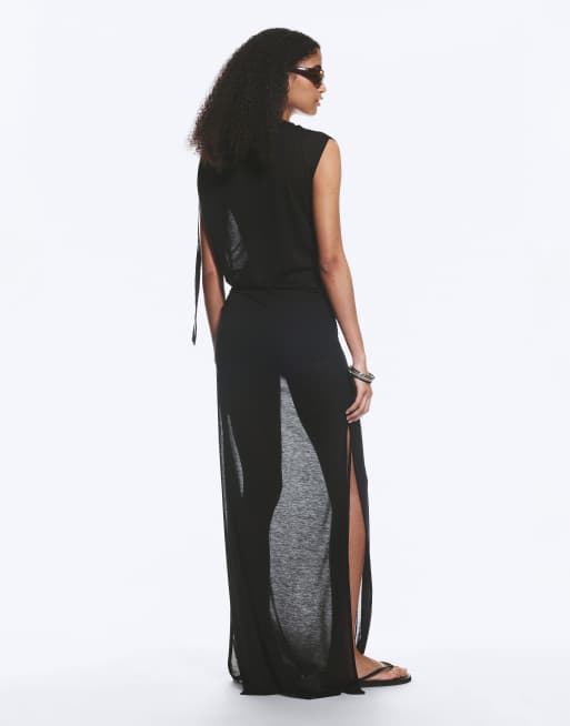 Weekday sheer slash neck maxi dress with ruched side detail in black, 3 of 3