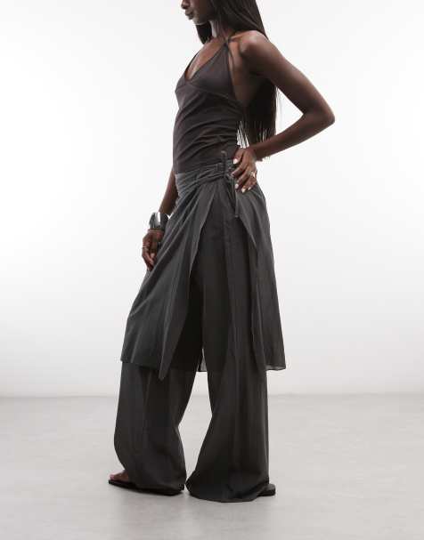 Weekday sheer trousers with layered skirt in dark grey