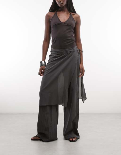 Weekday sheer trousers with layered skirt in dark grey, 2 of 5
