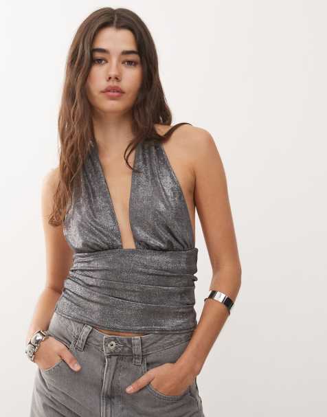 Weekday shimmer deep halter neck top in off-black