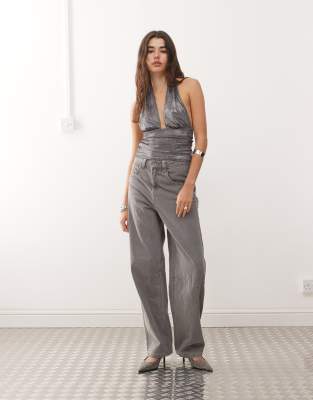 Weekday Shimmer Deep Halter Neck Top In Gray