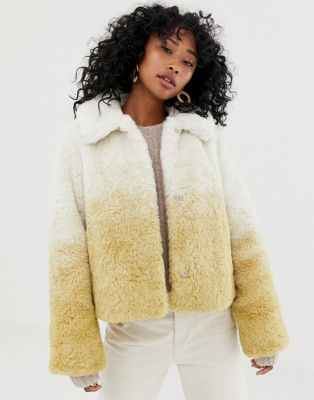 Weekday Short Faux Fur Jacket in Gradient Beige | ASOS