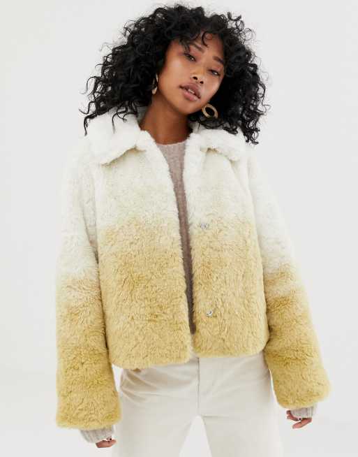 Weekday Short Faux Fur Jacket in Gradient Beige