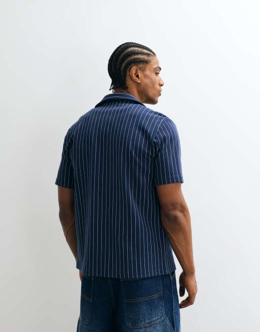 Weekday short sleeve stripe resort shirt in blue, 4 of 5