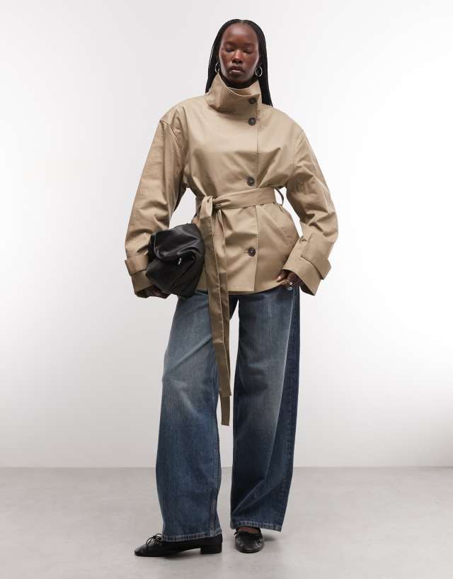 Weekday short trench with funnel neck in beige exclusive to ASOS