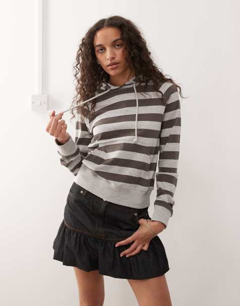 Weekday shrunken fit hoodie in grey and mole stripe - view 1