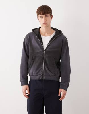 Weekday Shrunken Zip Up Hoodie In Blue