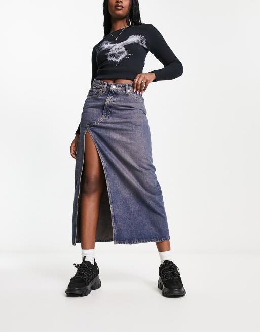 Weekday Side denim midi skirt in blue wash