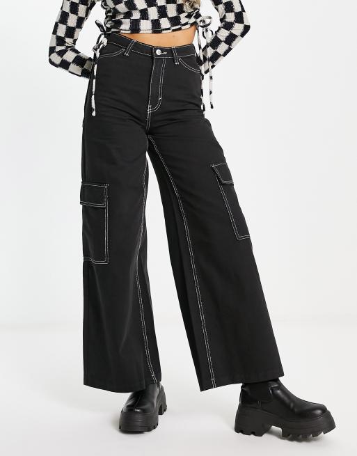 Weekday Sienna cargo pants with contrast stitching in black | ASOS