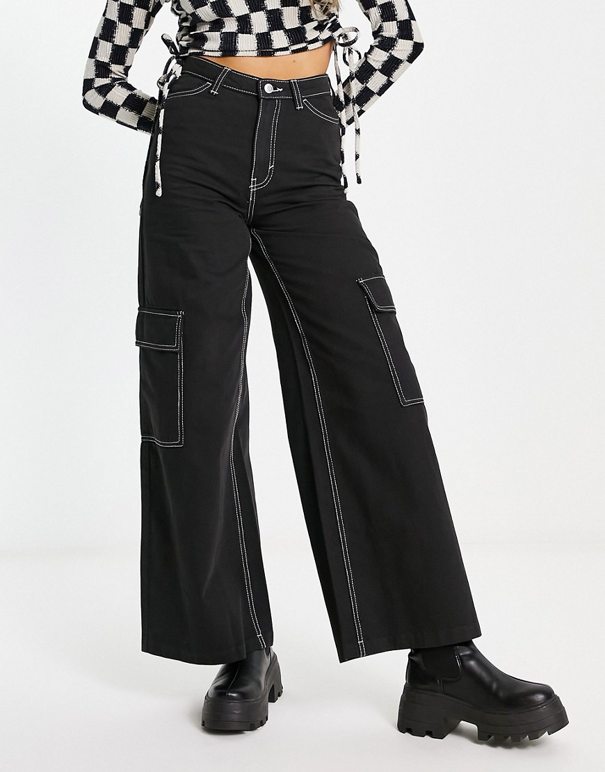 Weekday Sienna cargo trousers with contrast stitching in black