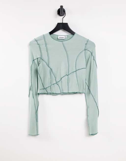 Weekday Sierra crop long sleeve top with overlock seams in dusty green