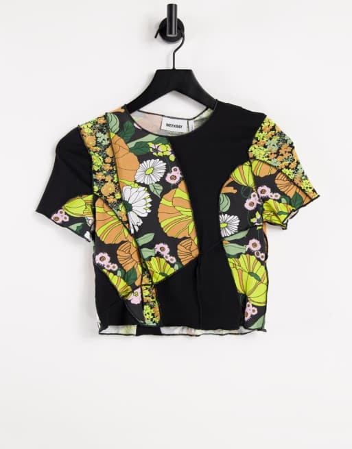 Weekday - Sierra - T-shirt crop top à surpiqûres et imprimé fleuri rétro