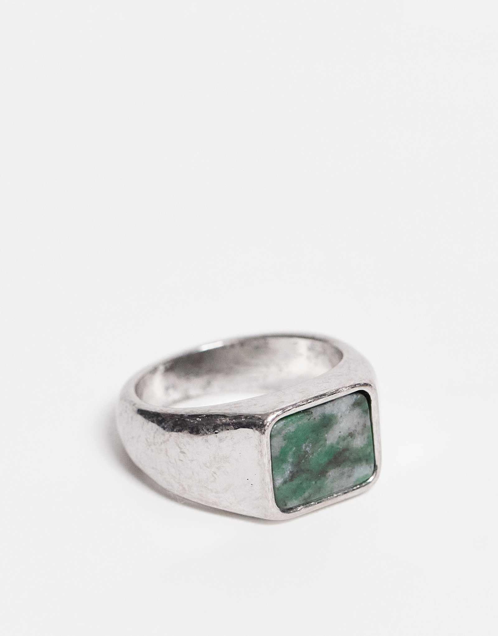 Кольцо-печатка на каждый день с камнем цвета морской волны в серебре