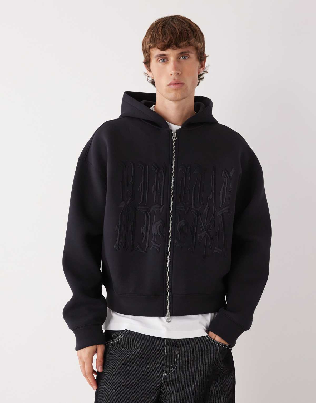 Weekday Simon  hoodie with graphic print in dark navy in scuba-style fabric