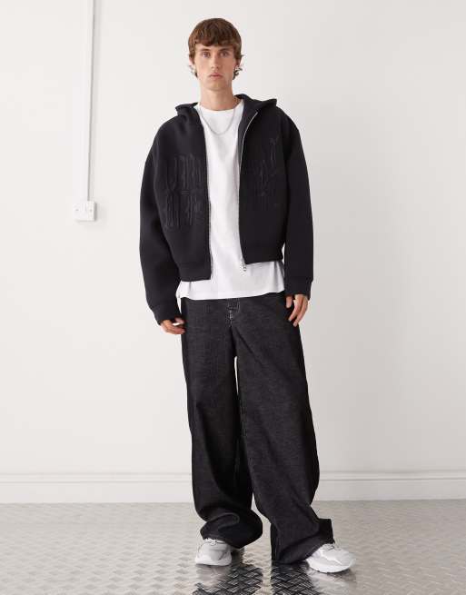 Weekday Simon  hoodie with graphic print in dark navy in scuba-style fabric