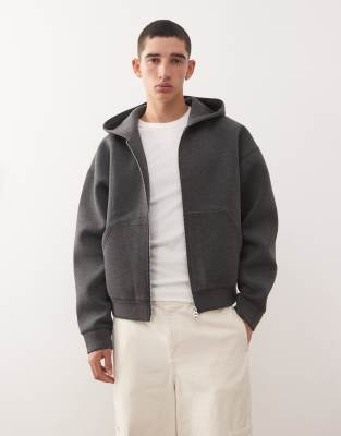 Simon - Kapuzenjacke in Dunkelgrau meliert aus Stoff in Neoprenoptik Grau M