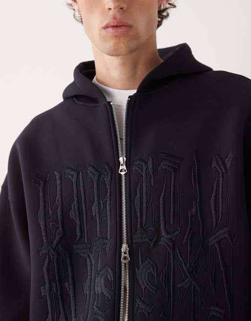 Weekday – Simon – Kapuzenpullover aus neoprenähnlichem Material in dunklem Marineblau mit Grafikprint, 5 von 5