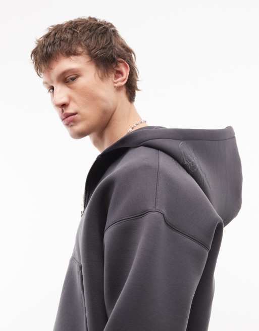 Weekday simon scub-style graphic zip through hoodie in dark grey with embroidery detail, 4 of 5
