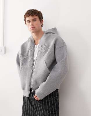 Simon scuba zip up hoodie with embroidered graphic in gray melange