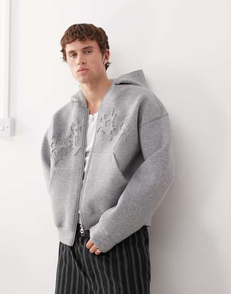 Weekday Simon scuba zip up hoodie with embroidered graphic in gray melange - view 1