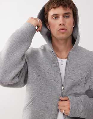 Weekday Simon Scuba Zip Up Hoodie With Embroidered Graphic In Gray