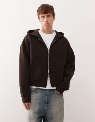 Weekday - Simon - Sweat à capuche zippé en imitation néoprène - Marron foncé