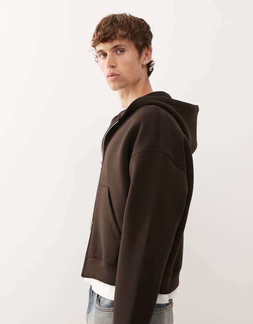 Weekday - Simon - Sweat à capuche zippé en imitation néoprène - Marron foncé, 4 de 5