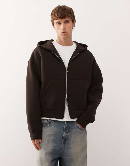 Weekday - Simon - Sweat à capuche zippé en tissu style néoprène - Marron foncé