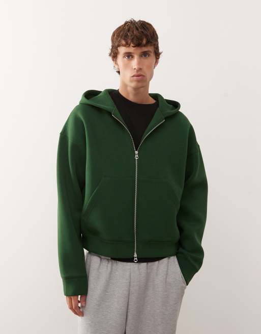 Weekday - Simon - Sweat à capuche zippé en tissu style néoprène - Vert foncé