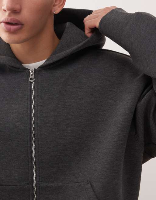Weekday - Simon - Sweat à capuche zippé - Gris chiné foncé en tissu façon néoprène, 4 de 5