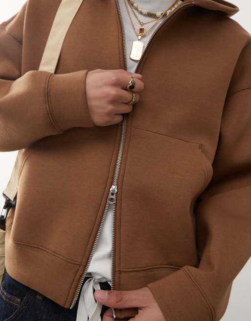 Weekday Simon zip through hoodie in camel in scuba-style fabric (part of a set), 3 of 4