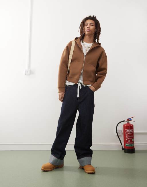 Weekday Simon zip through hoodie in camel in scuba-style fabric (part of a set), 4 of 4