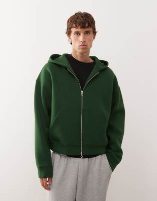 Weekday Weekday Simon zip through hoodie in dark green in scuba-style fabric