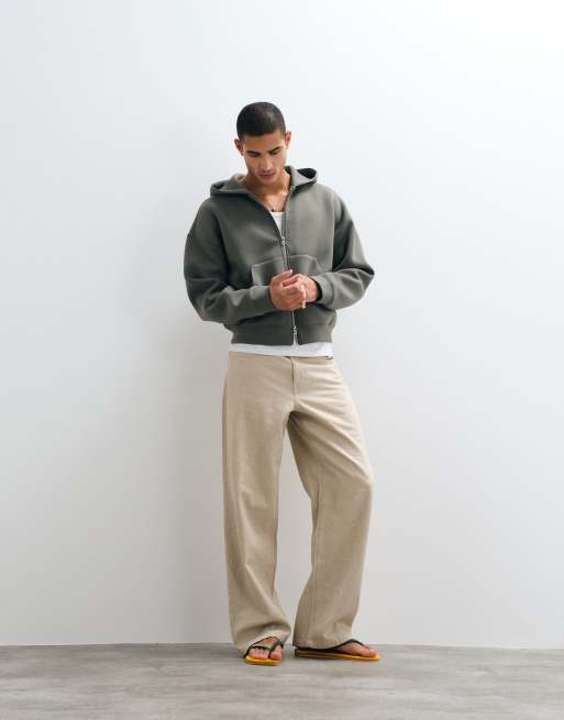 Weekday Simon zip through hoodie in dark khaki in scuba-style fabric, 2 of 5