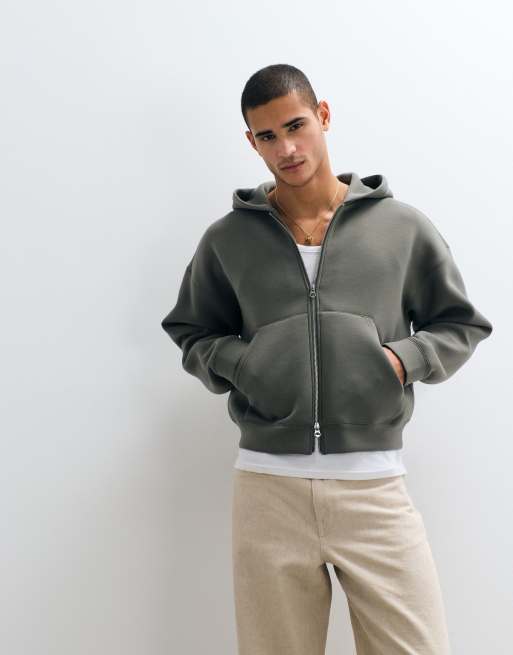 Weekday Simon zip through hoodie in dark khaki in scuba-style fabric, 3 of 5