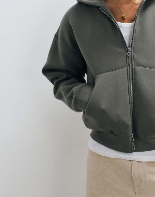 Weekday Simon zip through hoodie in dark khaki in scuba-style fabric, 4 of 5