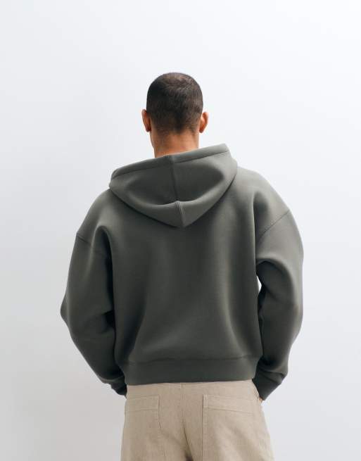 Weekday Simon zip through hoodie in dark khaki in scuba-style fabric, 5 of 5
