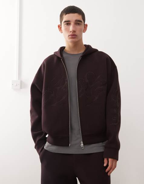 Weekday Simon zip-through hoodie with embroidered graphic in burgundy in a scuba-style fabric (Part of a set) - view 1