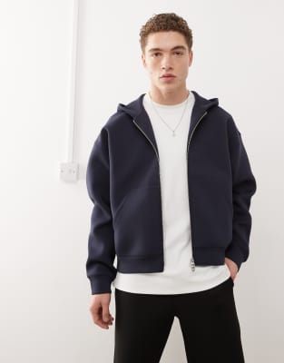 Weekday Simon zip up hoodie in navy in scuba-style fabric
