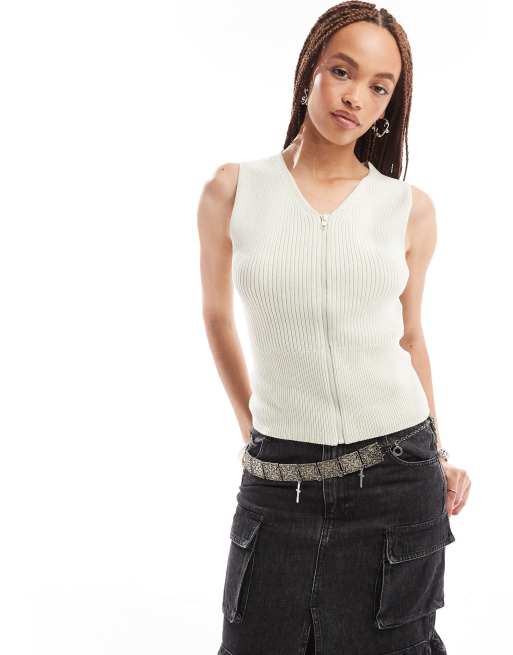 Weekday - Siri - Canotta in maglia verde slavato con zip