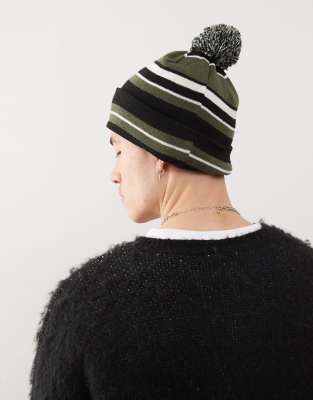 skater bobble beanie in khaki & black stripe