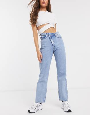 light blue wash high waist straight leg jeans
