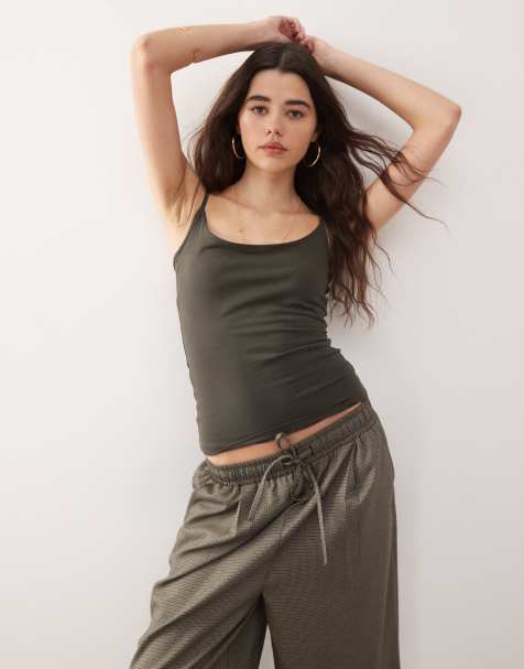 Weekday skinny strap tank top in dark khaki - view 1