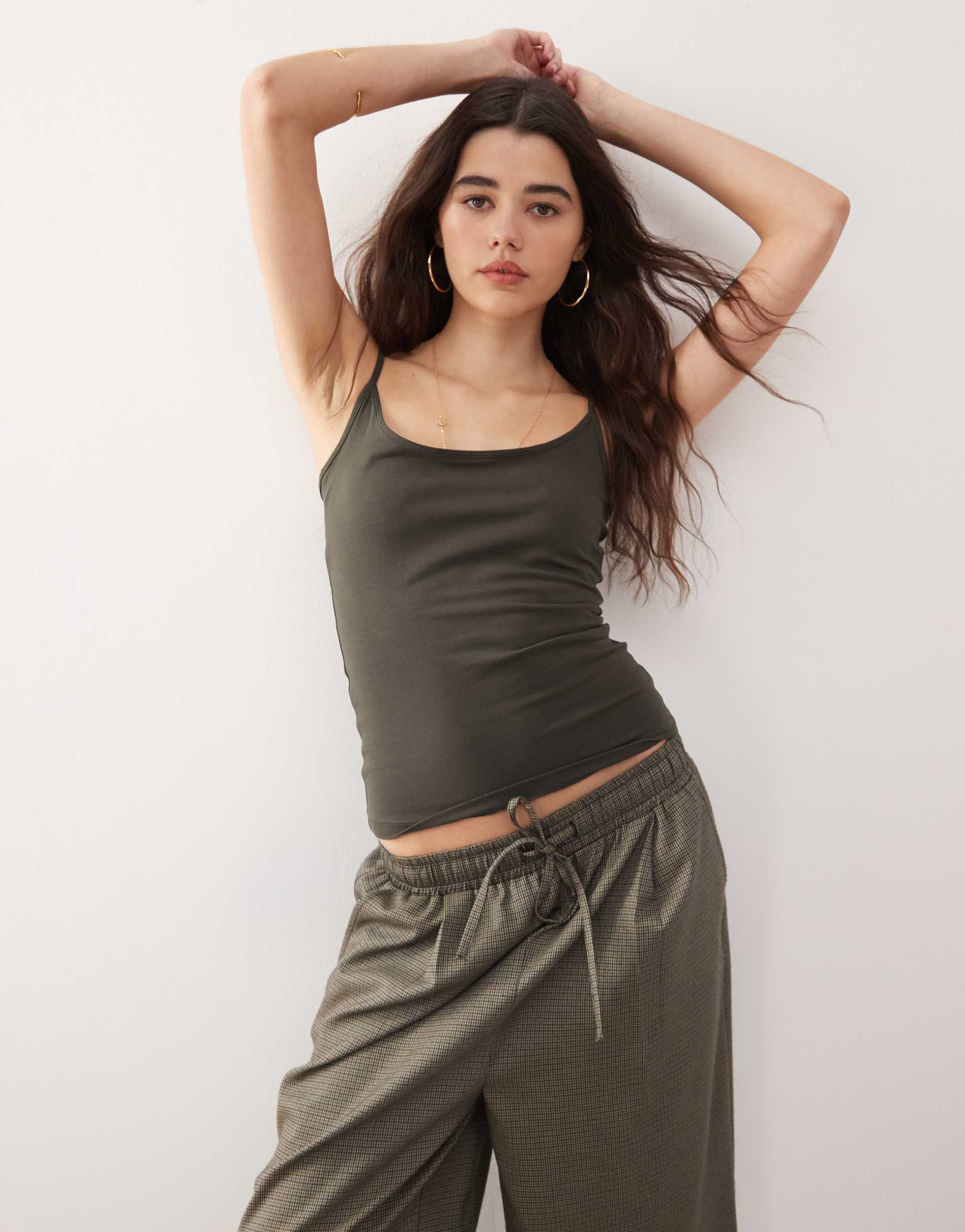 weekday skinny strap tank top in dark khaki