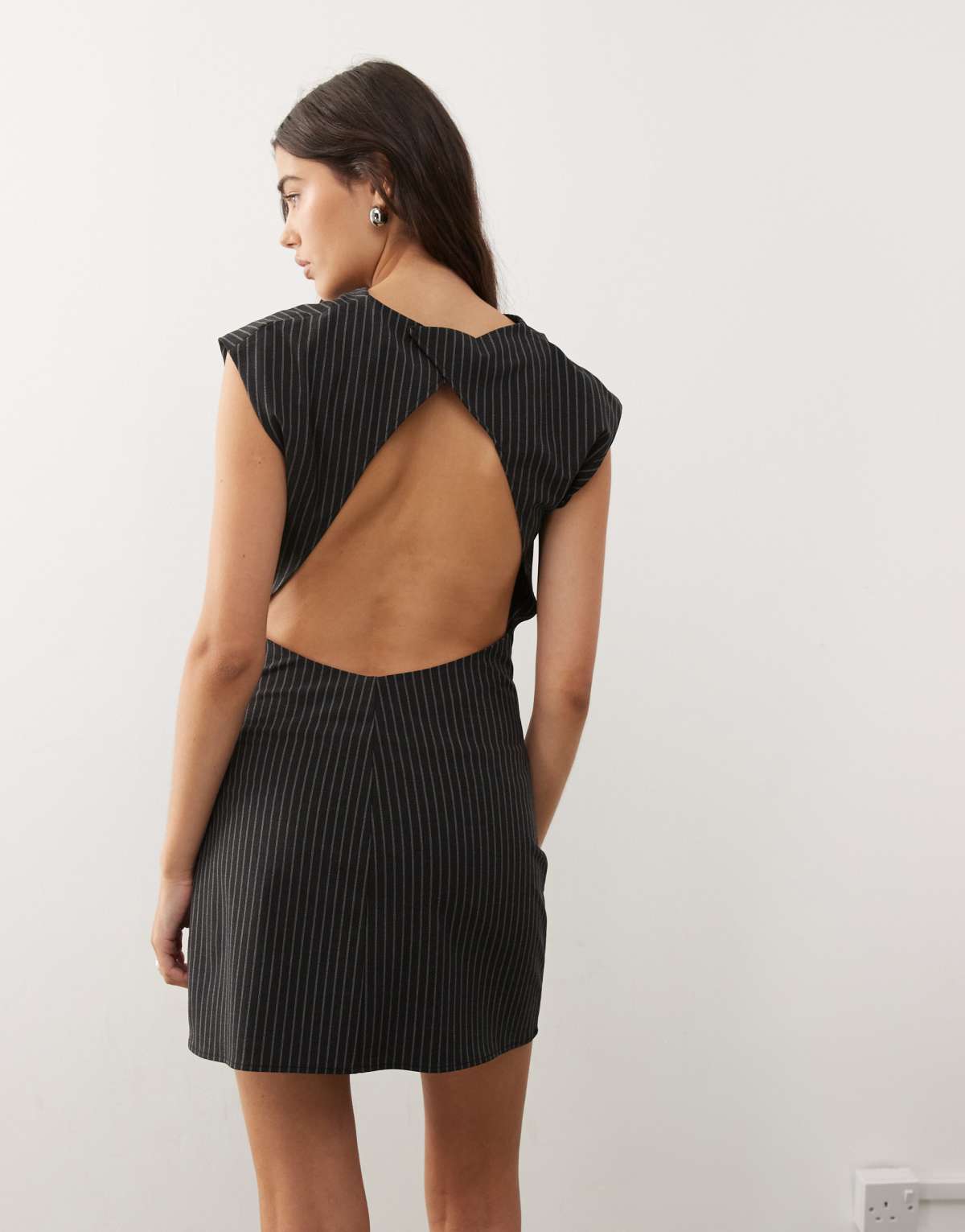 Weekday slash neck mini dress with open back in dark grey pinstripe