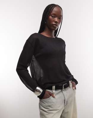 Weekday Slash Neck Sheer Knit Top With Front Seam Detail In Black