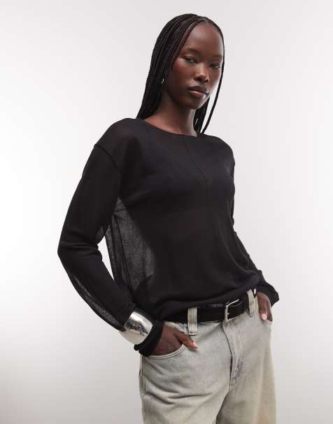 Weekday slash neck sheer knit top with front seam detail in black exclusive to ASOS - view 1